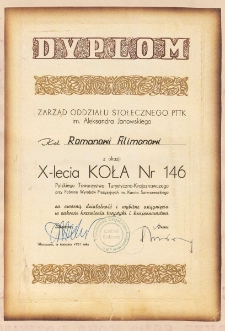 Dyplom przyznany Romanowi Filimonowi z okazji X-lecia Koła nr 146