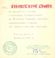 Dyplom dla kolegi Edwarda Kołodziejczyka za zajęcie II miejsca w konkursie fotograficznym na VI Zlocie Turystów Wolskich organizowanym w ramach VII Warszawskich Dni Turystyki. Nieporęt, 23-24.09.1978r.