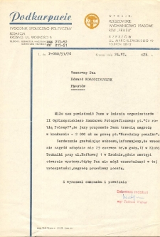 Zawiadomienie o przyznaniu III nagrody w wysokości 2000zł za pracę "Narodziny pomnika" w II Ogólnopolskim Konkursie Fotograficznym "Co robią Polacy?" dla Edwarda Kołodziejczyka. Krosno, 24.06.1976r.